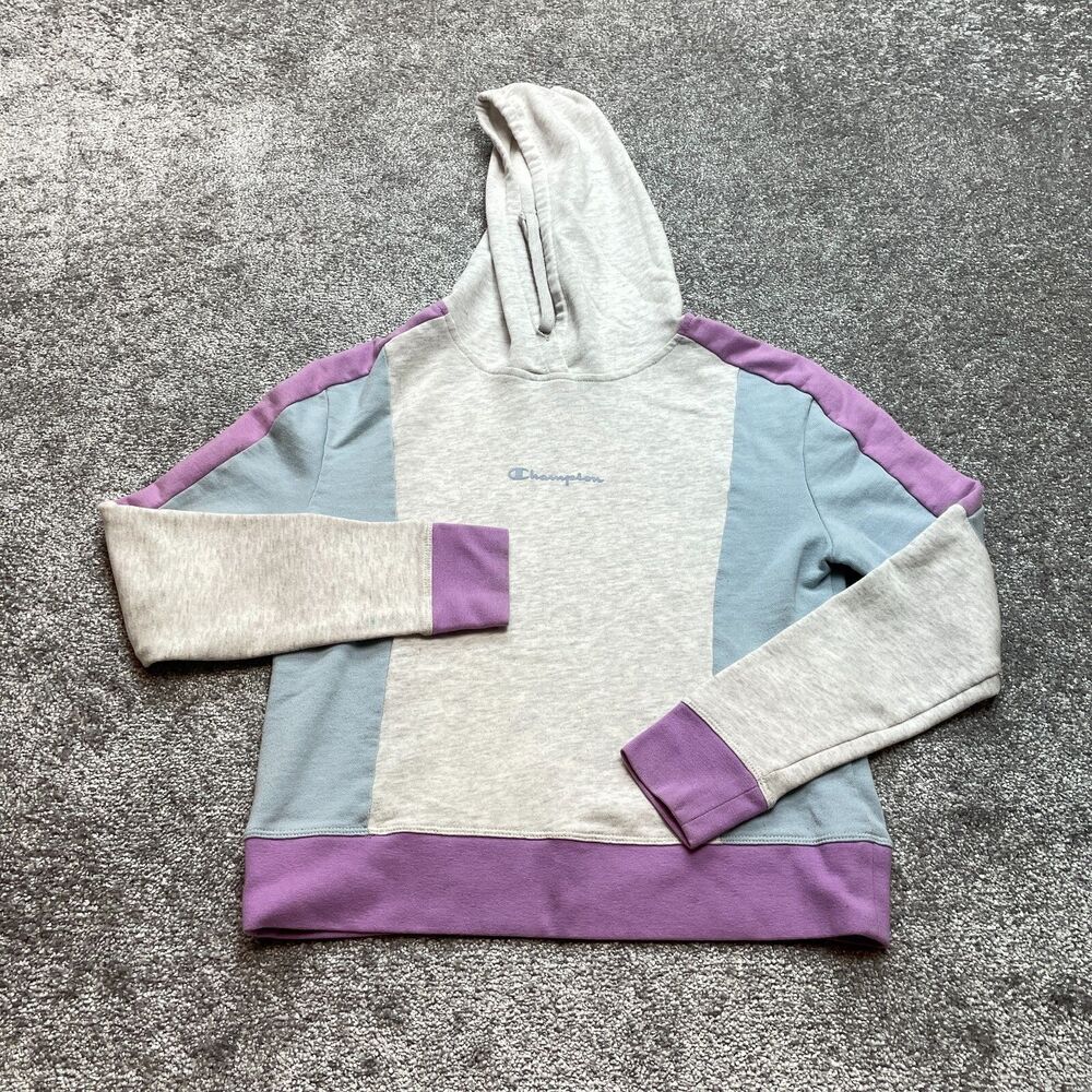 Champion Pullover Hoodie Sweatshirt Womens Small Gray Purple Hooded Sweater